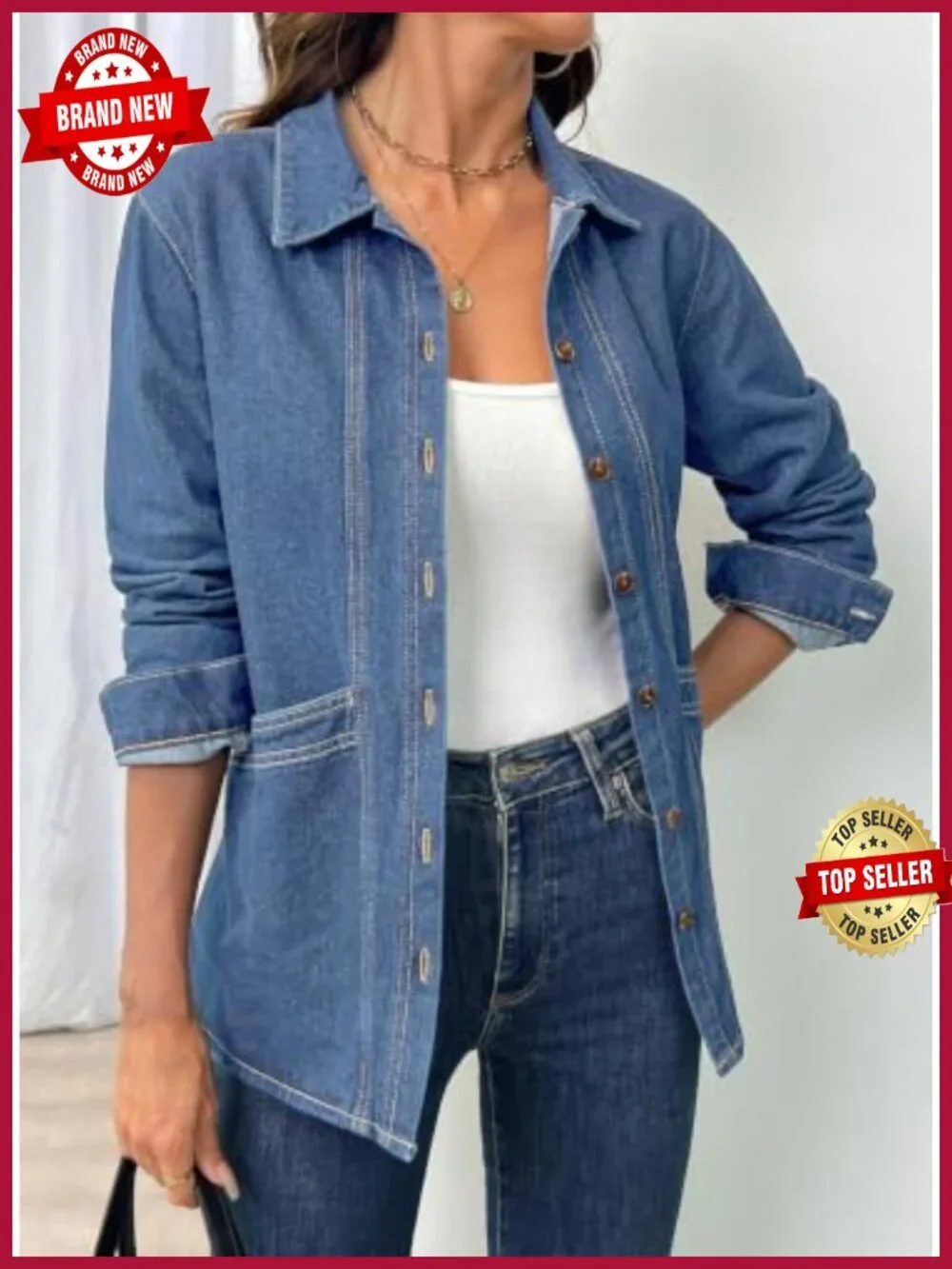 Oversized Denim Jacket Women Cotton Blend Button Down Shirt Jacket